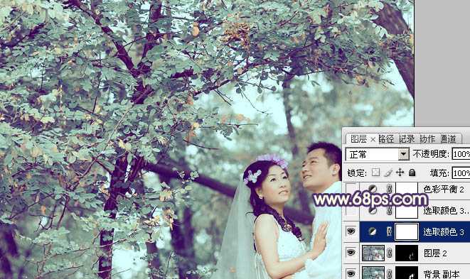 ‘Photoshop制作古典青褐色效果的树林婚片‘