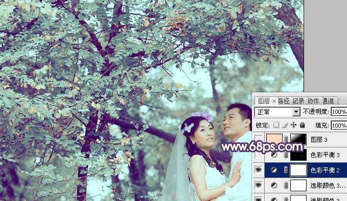 ‘Photoshop制作古典青褐色效果的树林婚片‘