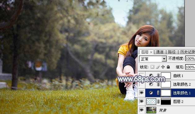 ‘Photoshop将草地上的美女调制出清爽甜美的黄蓝色‘