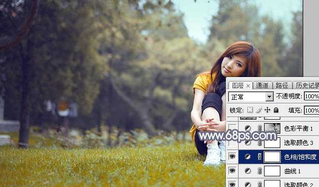 ‘Photoshop将草地上的美女调制出清爽甜美的黄蓝色‘