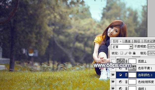 ‘Photoshop将草地上的美女调制出清爽甜美的黄蓝色‘