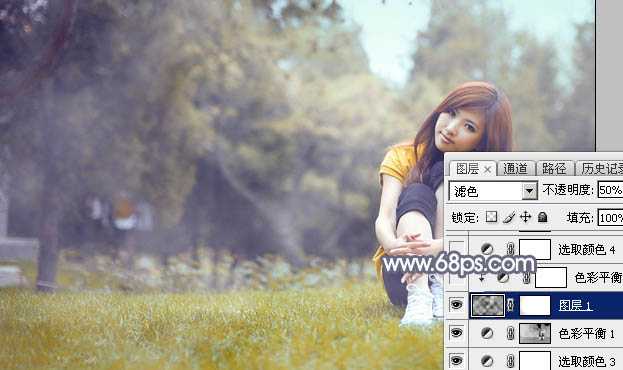 ‘Photoshop将草地上的美女调制出清爽甜美的黄蓝色‘