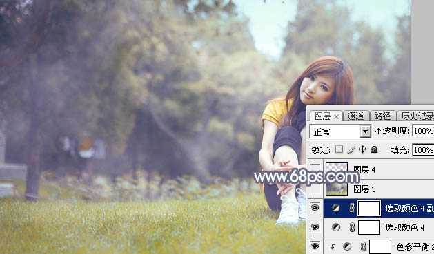 ‘Photoshop将草地上的美女调制出清爽甜美的黄蓝色‘