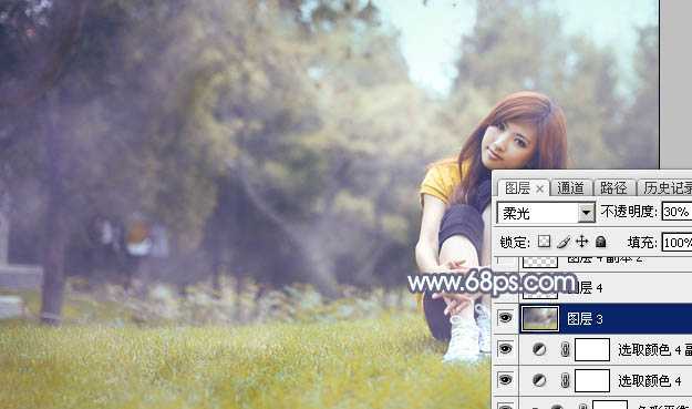 ‘Photoshop将草地上的美女调制出清爽甜美的黄蓝色‘
