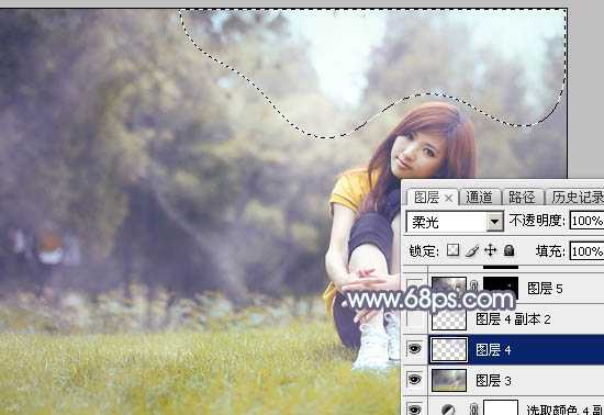 ‘Photoshop将草地上的美女调制出清爽甜美的黄蓝色‘