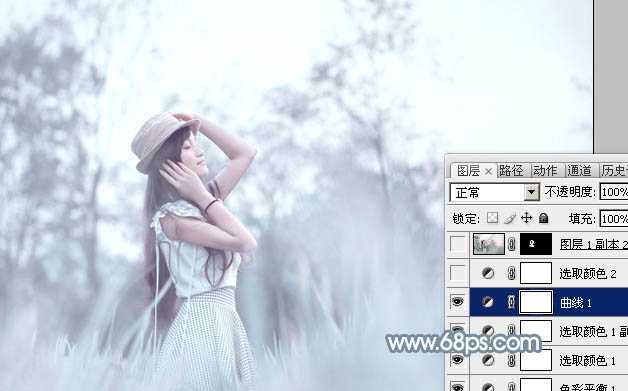 ‘Photoshop为野外的美女调制出梦幻的淡青色‘