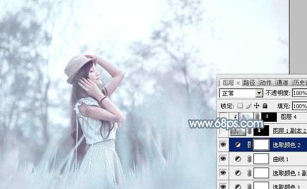 ‘Photoshop为野外的美女调制出梦幻的淡青色‘