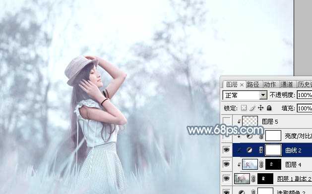 ‘Photoshop为野外的美女调制出梦幻的淡青色‘