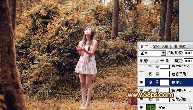 ‘Photoshop将树林美女图片调制出梦幻的橙褐色‘
