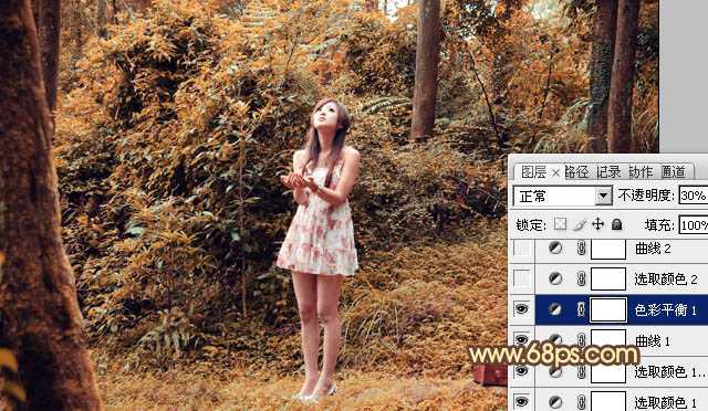‘Photoshop将树林美女图片调制出梦幻的橙褐色‘