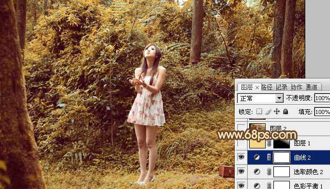 ‘Photoshop将树林美女图片调制出梦幻的橙褐色‘