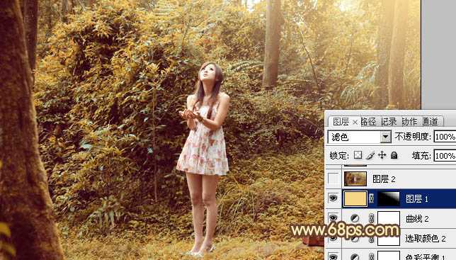 ‘Photoshop将树林美女图片调制出梦幻的橙褐色‘