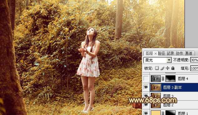 ‘Photoshop将树林美女图片调制出梦幻的橙褐色‘