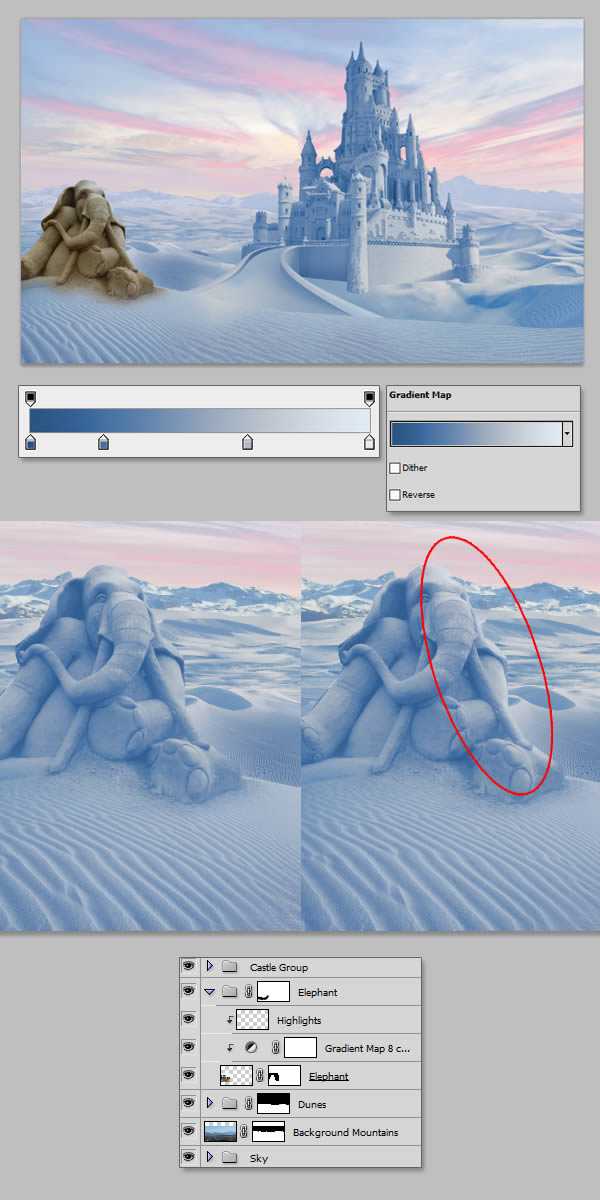 ‘photoshop将荒漠场景打造出迪士尼风格的雪景图‘