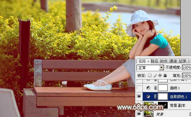 ‘Photoshop为坐在公园椅子上的美女图片增加流行的韩系黄褐色‘