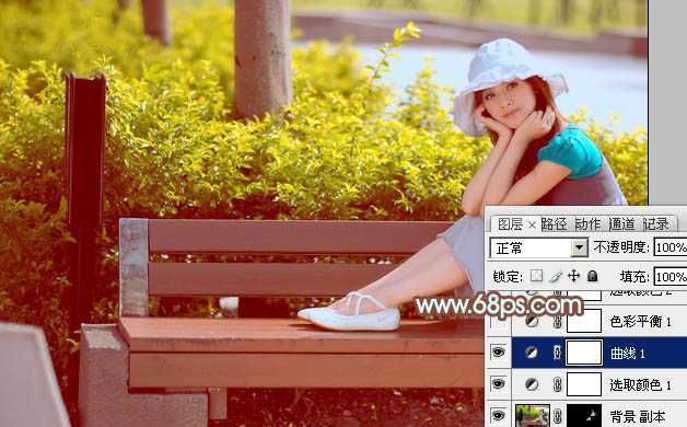 ‘Photoshop为坐在公园椅子上的美女图片增加流行的韩系黄褐色‘