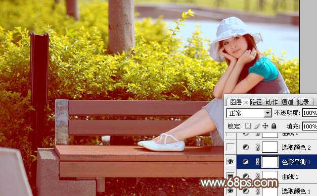‘Photoshop为坐在公园椅子上的美女图片增加流行的韩系黄褐色‘