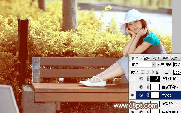‘Photoshop为坐在公园椅子上的美女图片增加流行的韩系黄褐色‘