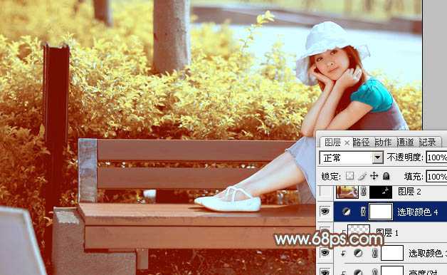 ‘Photoshop为坐在公园椅子上的美女图片增加流行的韩系黄褐色‘