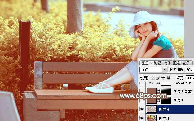 ‘Photoshop为坐在公园椅子上的美女图片增加流行的韩系黄褐色‘