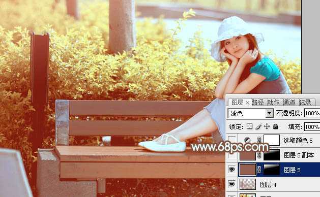 ‘Photoshop为坐在公园椅子上的美女图片增加流行的韩系黄褐色‘
