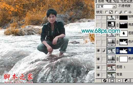 ‘photoshop将溪流中的帅哥图片调制出金秋色‘