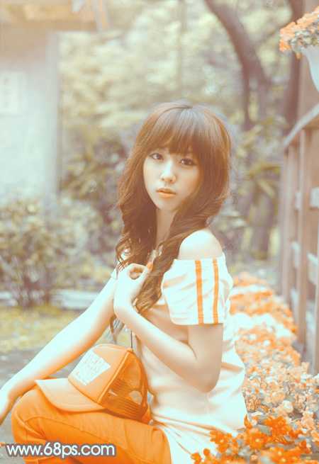 ‘Photoshop将花坛边的美女调制出柔美的古典黄褐色效果‘
