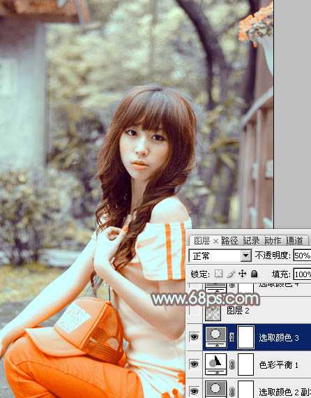 ‘Photoshop将花坛边的美女调制出柔美的古典黄褐色效果‘