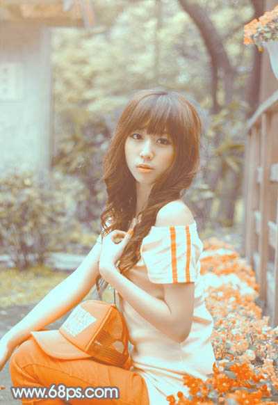 ‘Photoshop将花坛边的美女调制出柔美的古典黄褐色效果‘