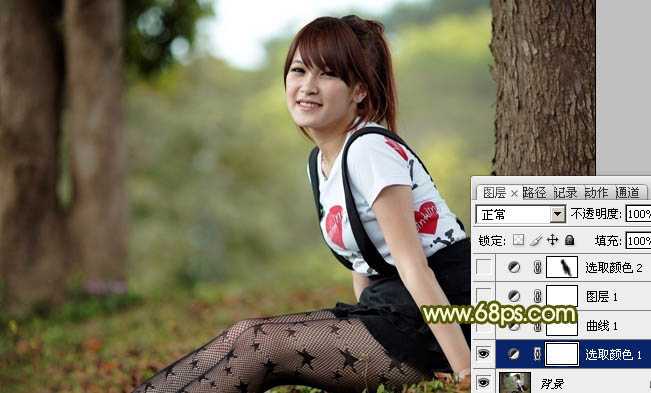‘Photoshop为树林美女图片增加甜美的黄绿色‘
