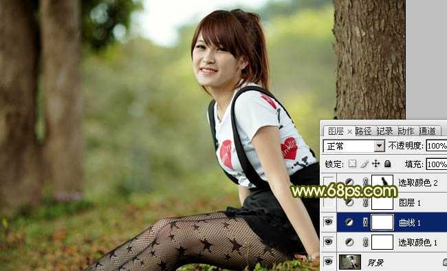 ‘Photoshop为树林美女图片增加甜美的黄绿色‘