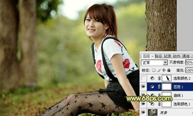 ‘Photoshop为树林美女图片增加甜美的黄绿色‘
