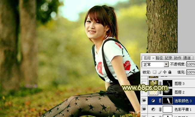‘Photoshop为树林美女图片增加甜美的黄绿色‘