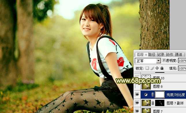 ‘Photoshop为树林美女图片增加甜美的黄绿色‘