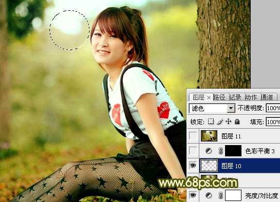 ‘Photoshop为树林美女图片增加甜美的黄绿色‘