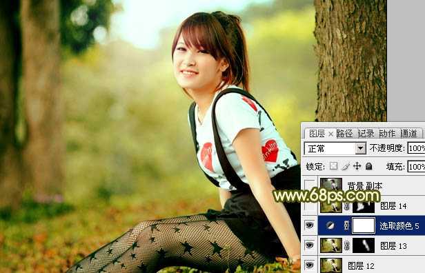‘Photoshop为树林美女图片增加甜美的黄绿色‘
