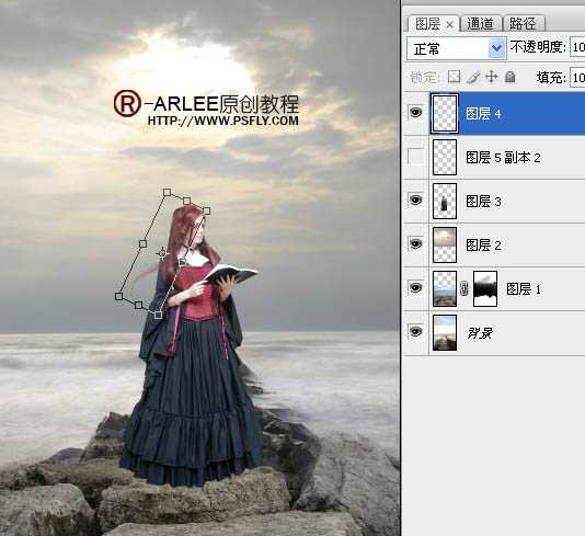 ‘photoshop完美合成暮色中在海边阅读的圣女‘