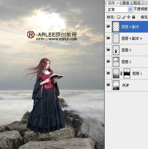 ‘photoshop完美合成暮色中在海边阅读的圣女‘