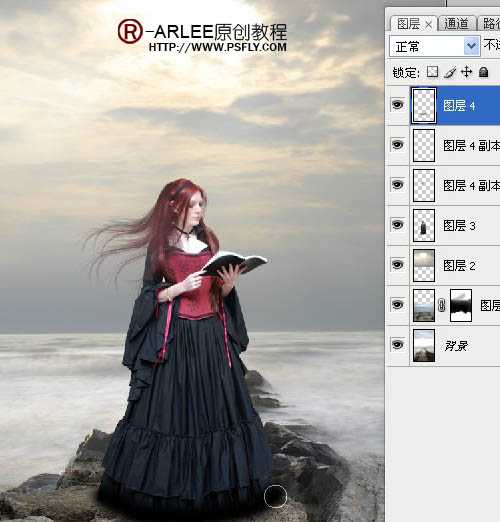 ‘photoshop完美合成暮色中在海边阅读的圣女‘