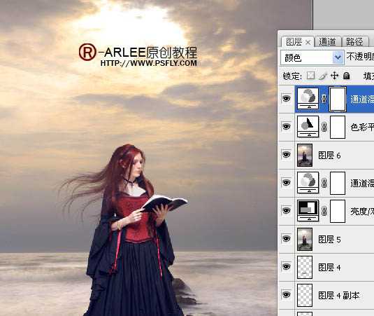 ‘photoshop完美合成暮色中在海边阅读的圣女‘