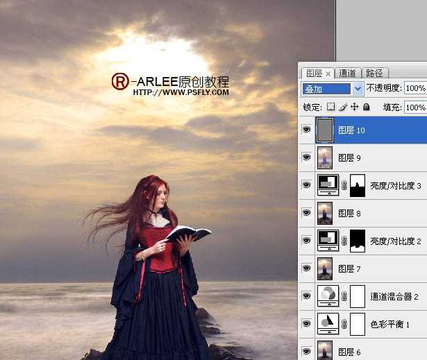 ‘photoshop完美合成暮色中在海边阅读的圣女‘