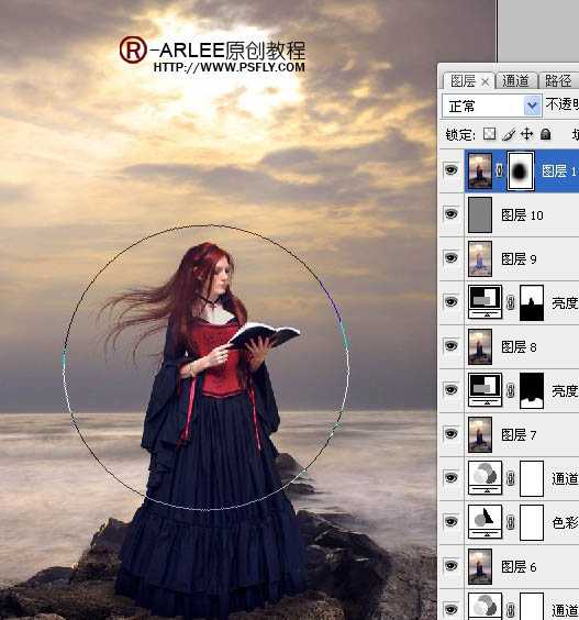 ‘photoshop完美合成暮色中在海边阅读的圣女‘