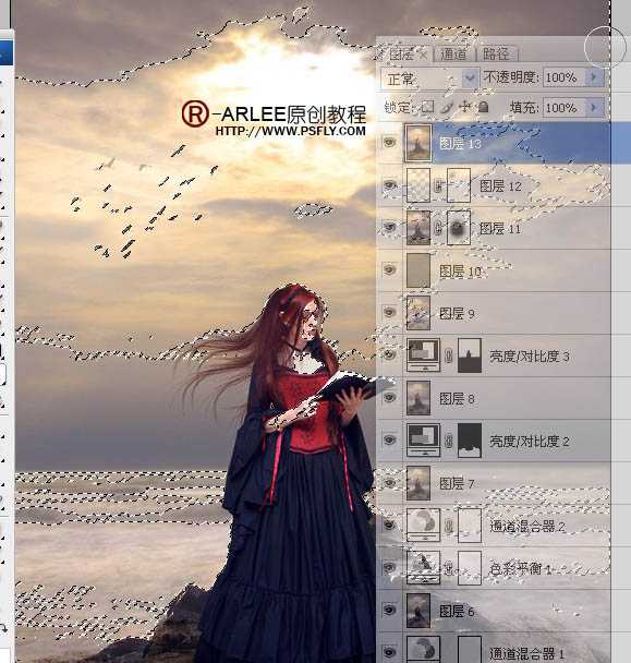 ‘photoshop完美合成暮色中在海边阅读的圣女‘