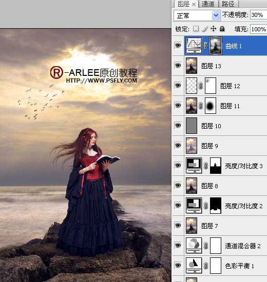 ‘photoshop完美合成暮色中在海边阅读的圣女‘