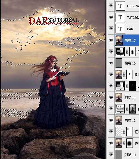 ‘photoshop完美合成暮色中在海边阅读的圣女‘