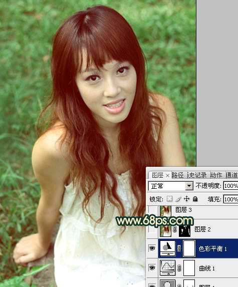‘Photoshop将草地人物图片调制出柔美的棕绿色效果‘