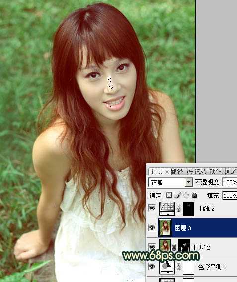 ‘Photoshop将草地人物图片调制出柔美的棕绿色效果‘