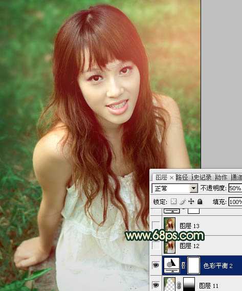 ‘Photoshop将草地人物图片调制出柔美的棕绿色效果‘