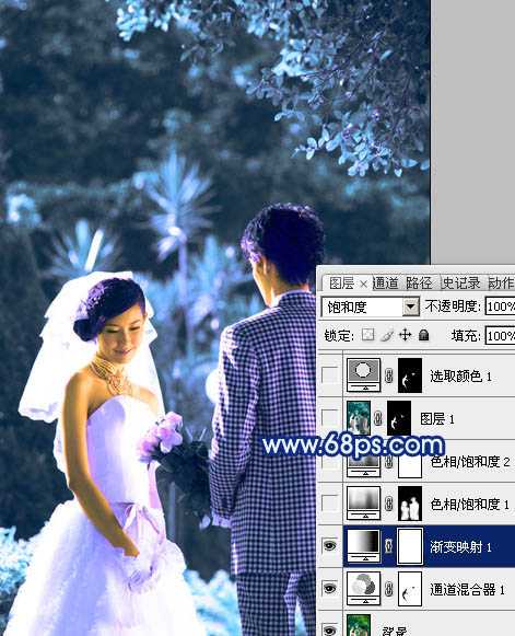 ‘Photoshop将树林婚片调成梦幻的纯蓝色‘