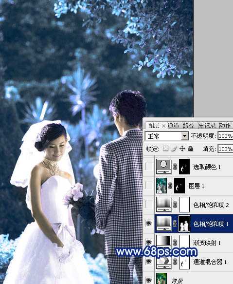 ‘Photoshop将树林婚片调成梦幻的纯蓝色‘